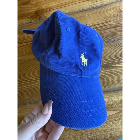 VINTAGE Polo Ralph Lauren Hat Cap Horse Logo Cotton Blue Yellow Logo Spellout - Picture 1 of 6